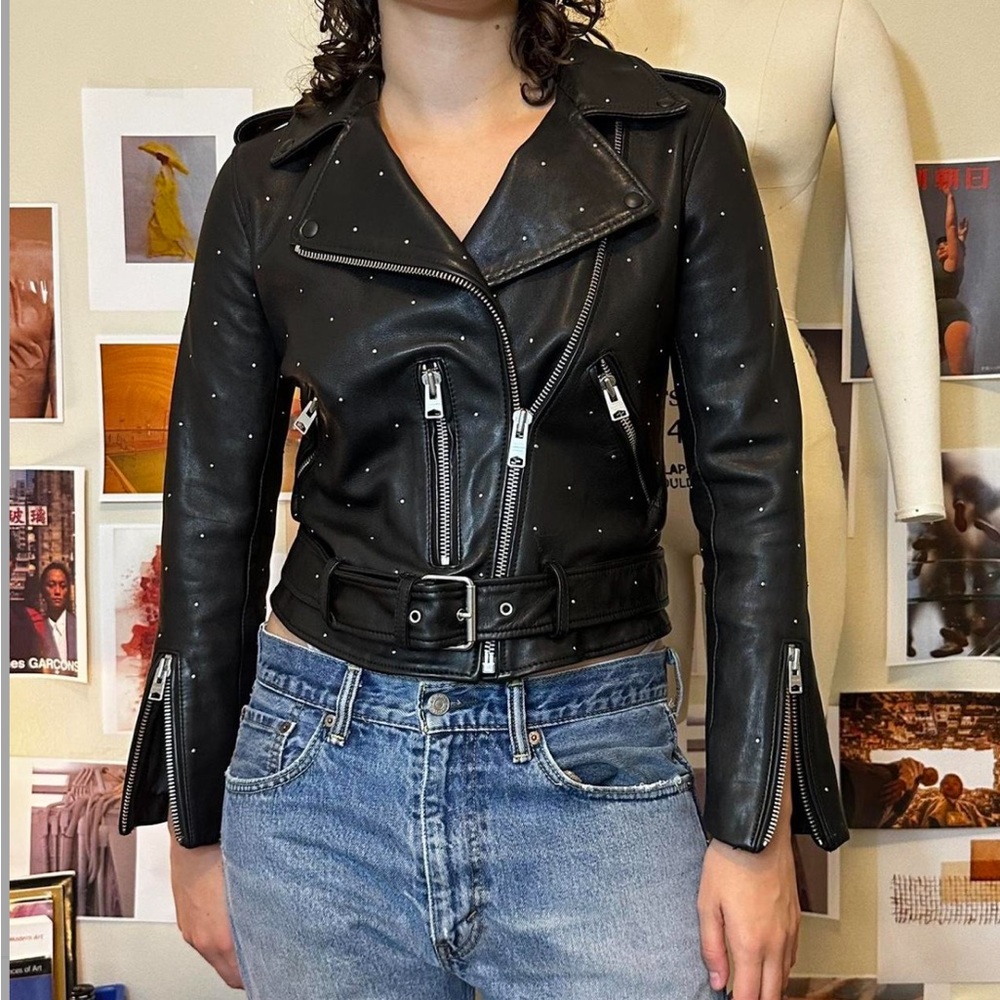 all saints black calfskin leather moto jacket
